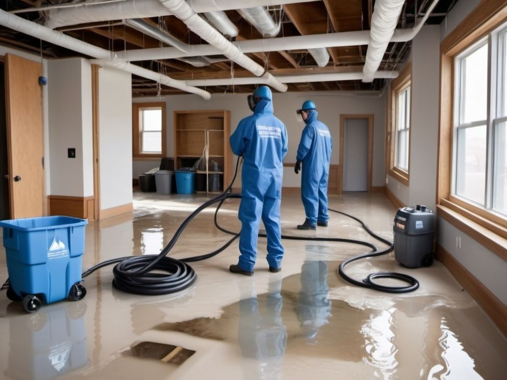 Water Damage in Minneapolis: A flooded basement in a Minneapolis home, showcasing extensive water damage to the flooring and walls. Restoration efforts are underway with industrial-grade dehumidifiers and fans in place to dry out the affected area. 