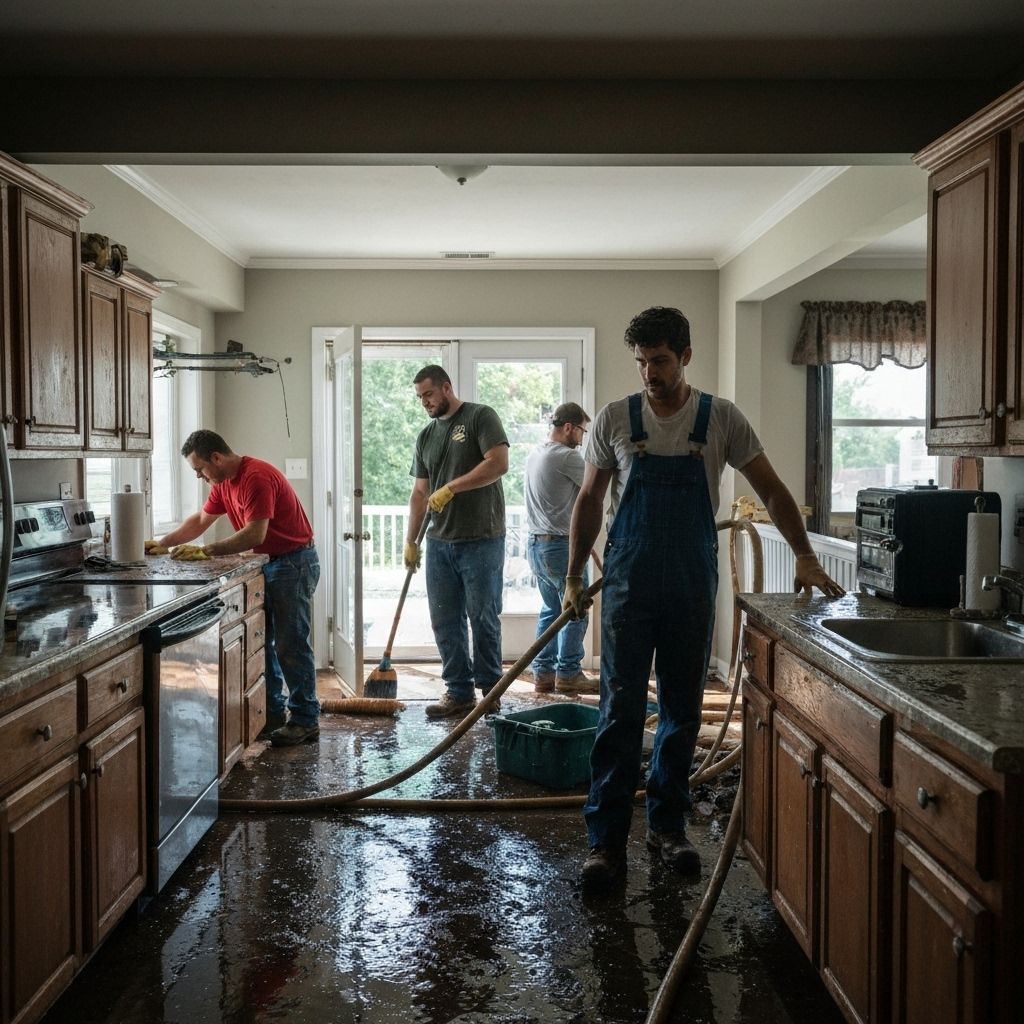 Professional sewage cleanup team in protective gear working in Bloomington basement